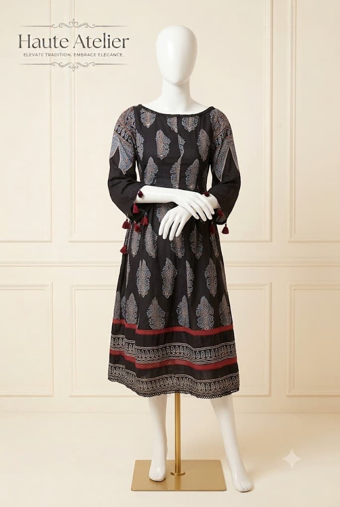 A black A-line midi dress block-printed with indigo and ecru buti motifs, maroon lace bands near the hem and maroon tassels at the cuffs