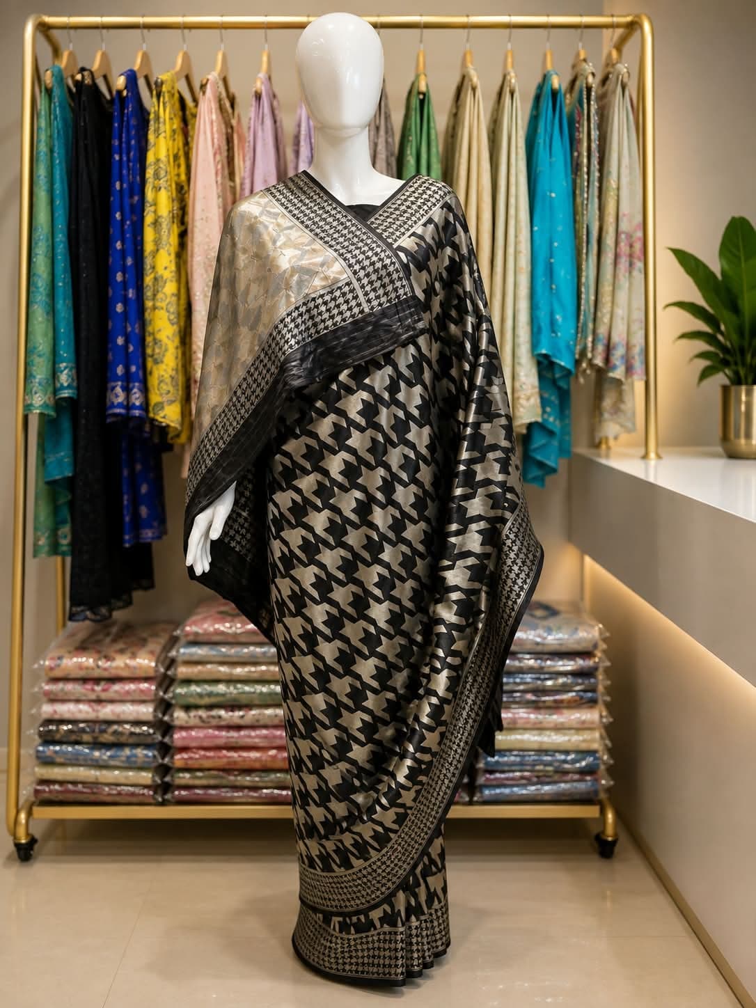 A black Banarasi silk saree woven all over in a gold-tone houndstooth pattern, draped over one shoulder with a solid black border