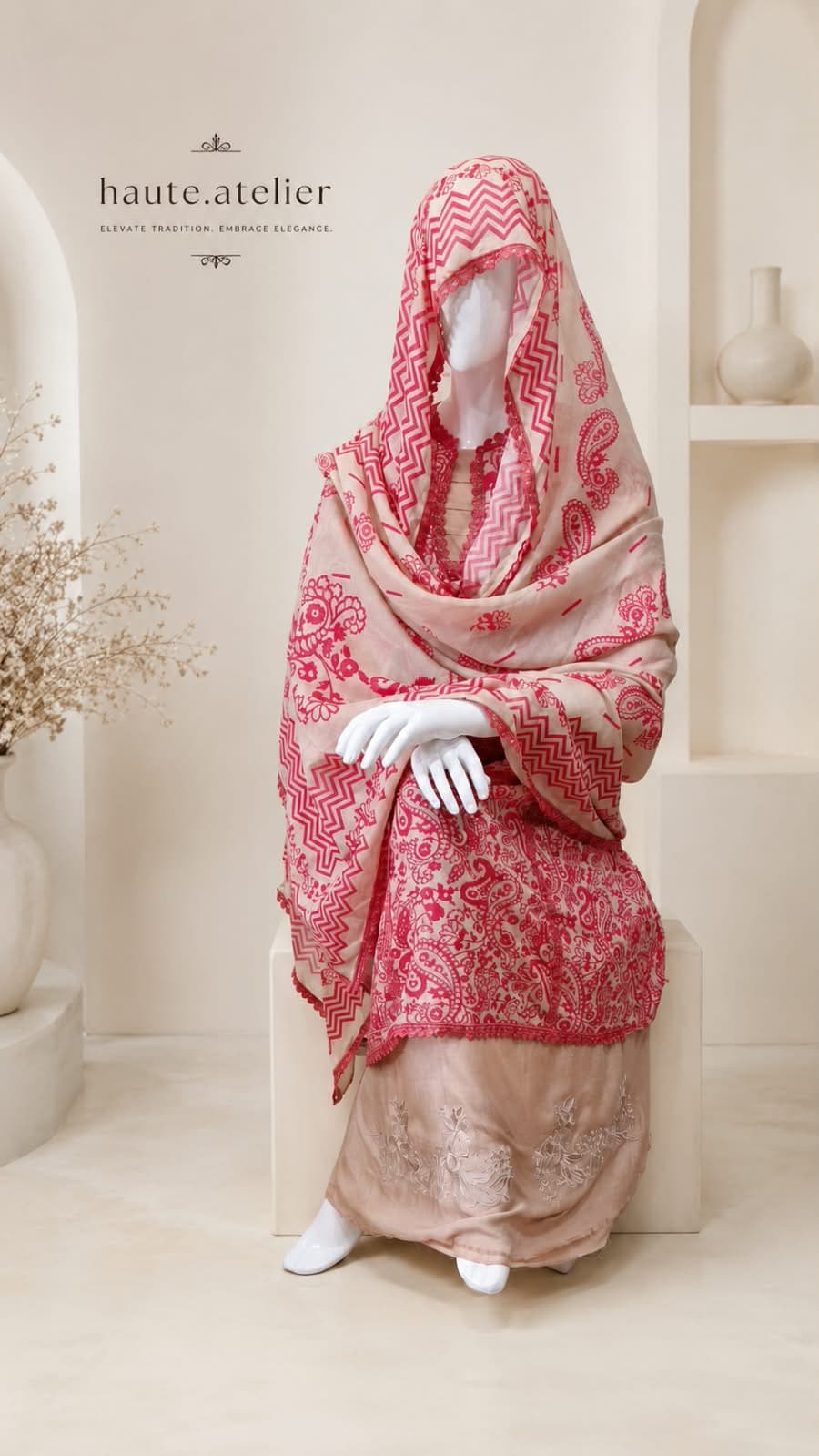 A blush pink cotton suit with a chevron and paisley-printed dupatta draped over the head, worn over a white floral-embroidered kameez