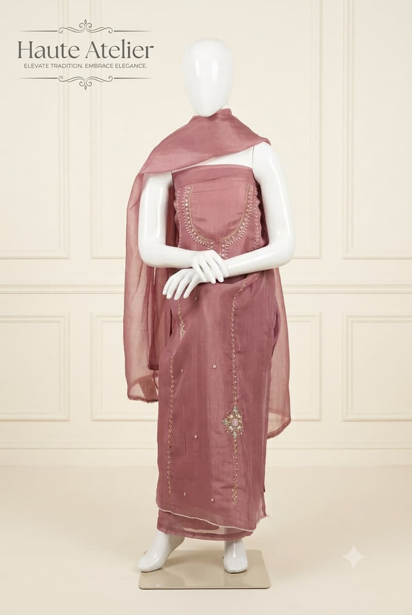 A dusty rose organza suit set with gold zari and pearl neckline embroidery, a jewelled motif down the front, and a sheer matching dupatta draped over the head