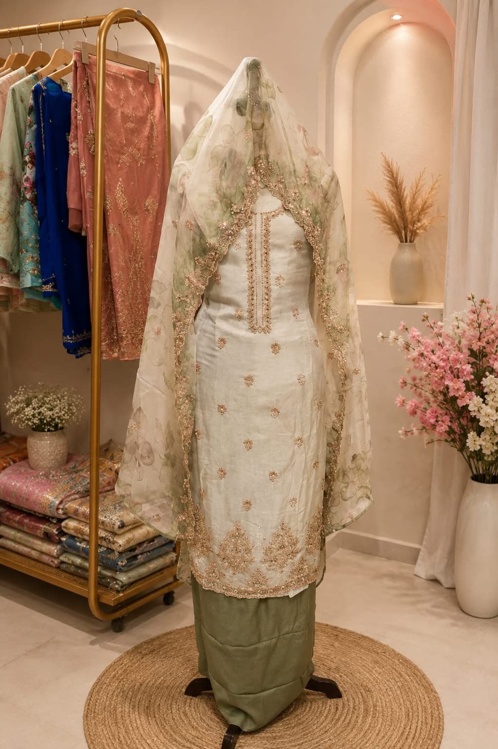 An ivory tissue kameez with gold gota and zari handwork over a sage-green bottom, with a floral printed organza dupatta