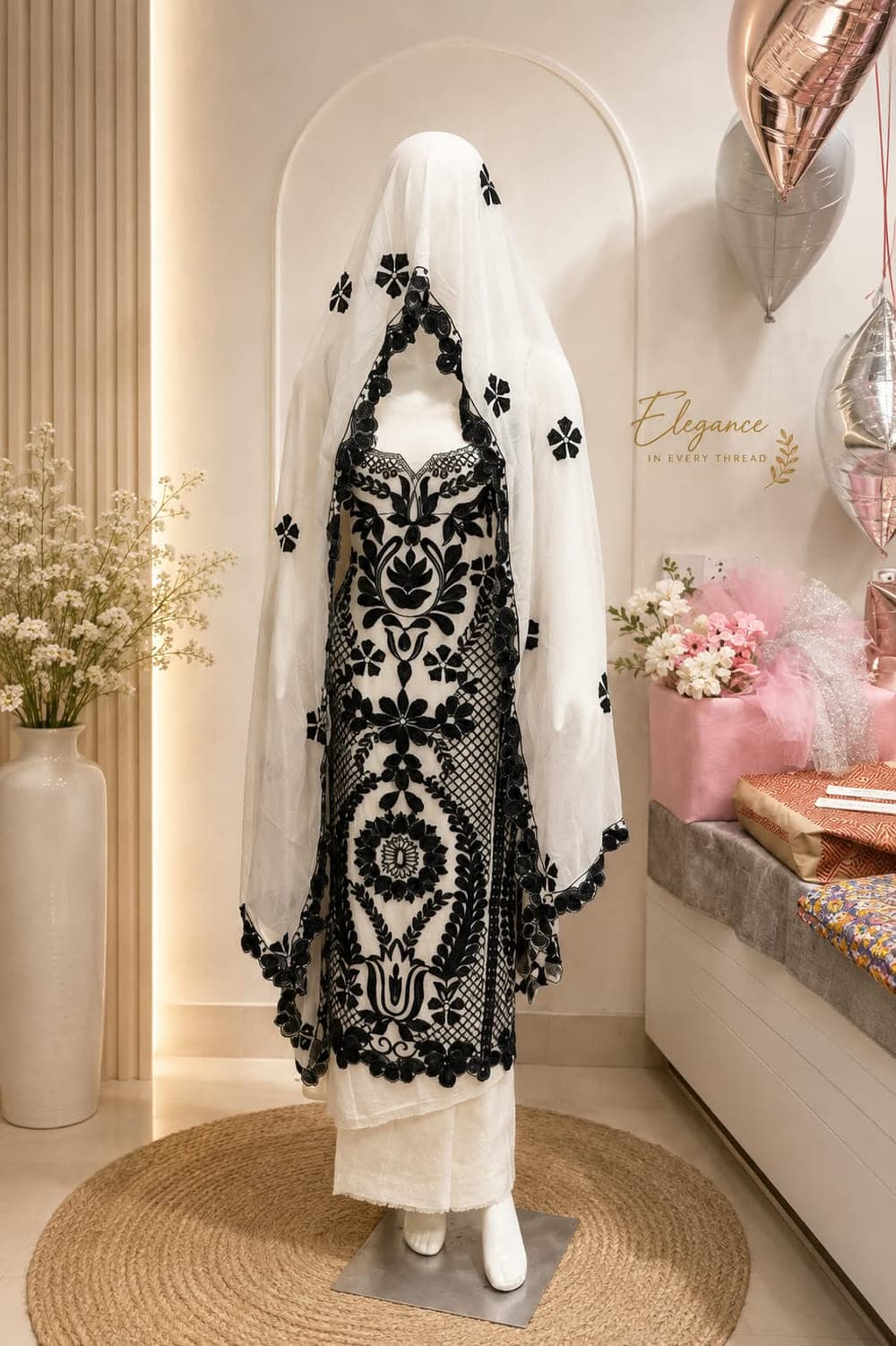 An ivory suit covered in black floral thread embroidery, with a matching sheer embroidered dupatta