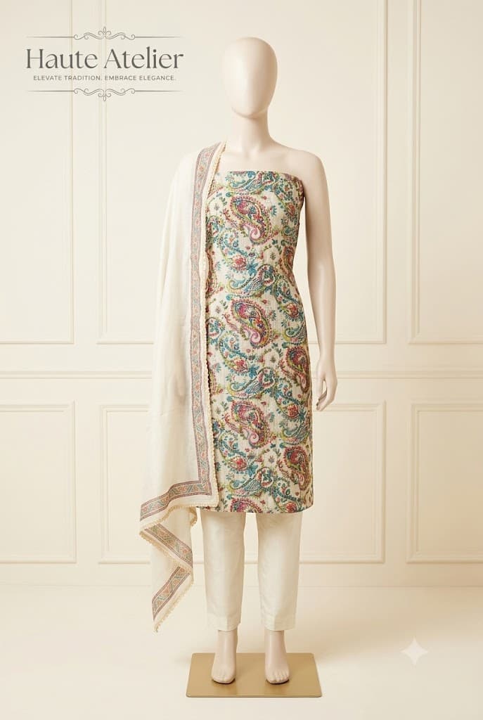 An ivory suit printed all over with teal, pink and mustard paisleys, with an ivory dupatta bordered in paisley print and ivory trousers