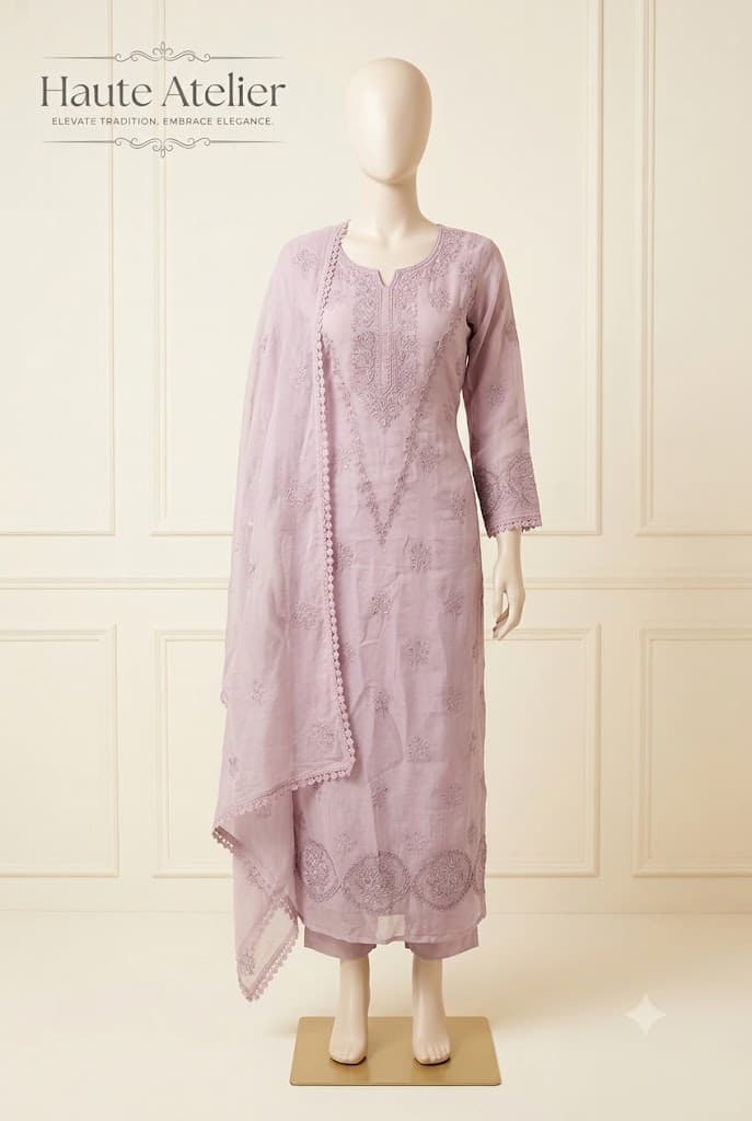 A lilac suit with tone-on-tone thread embroidery at the neckline, scattered buti and medallions at the hem, with a sheer lace-edged dupatta over one shoulder
