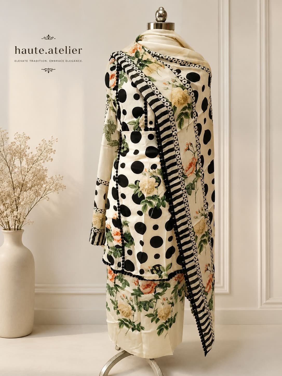 A pista green suit with multicolour floral embroidery down the kameez, worn with a sheer scalloped-edge dupatta draped over one shoulder