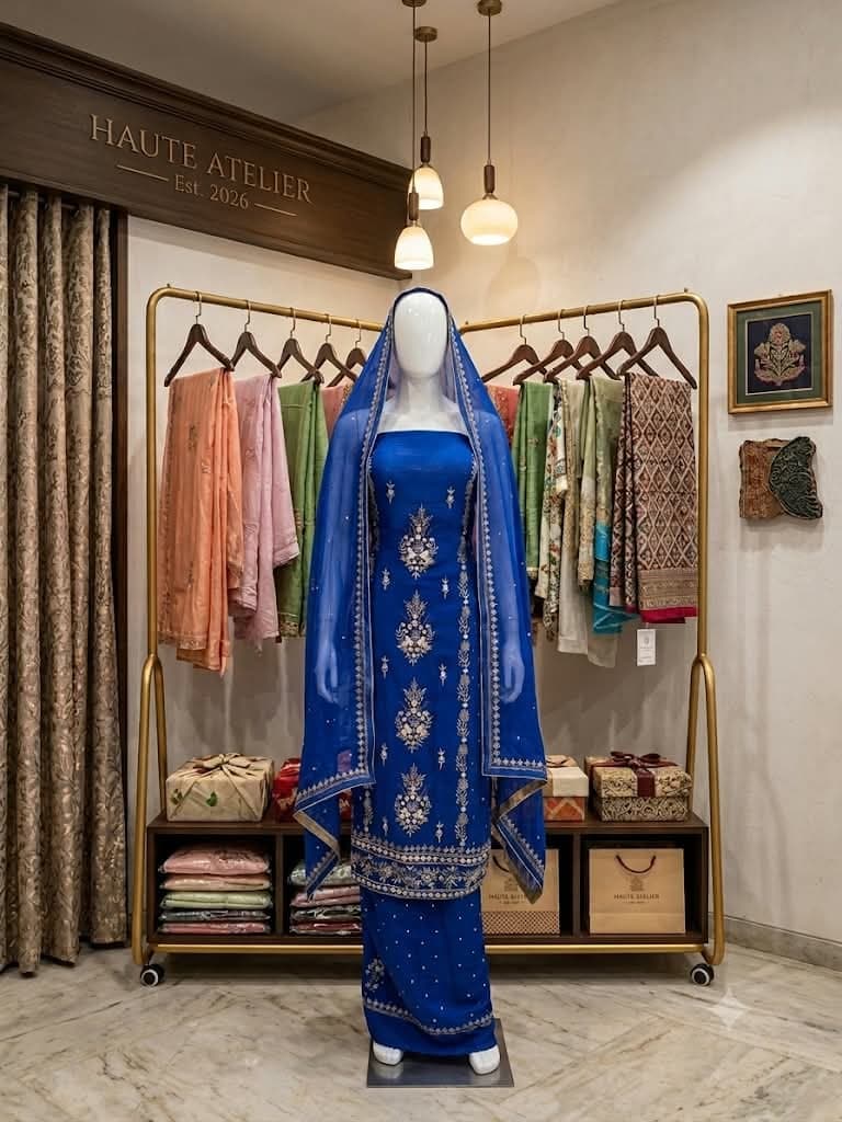 A royal blue kameez with silver and white floral embroidery down the centre panel, worn with a sheer silver-bordered dupatta and a matching embroidered blue salwar