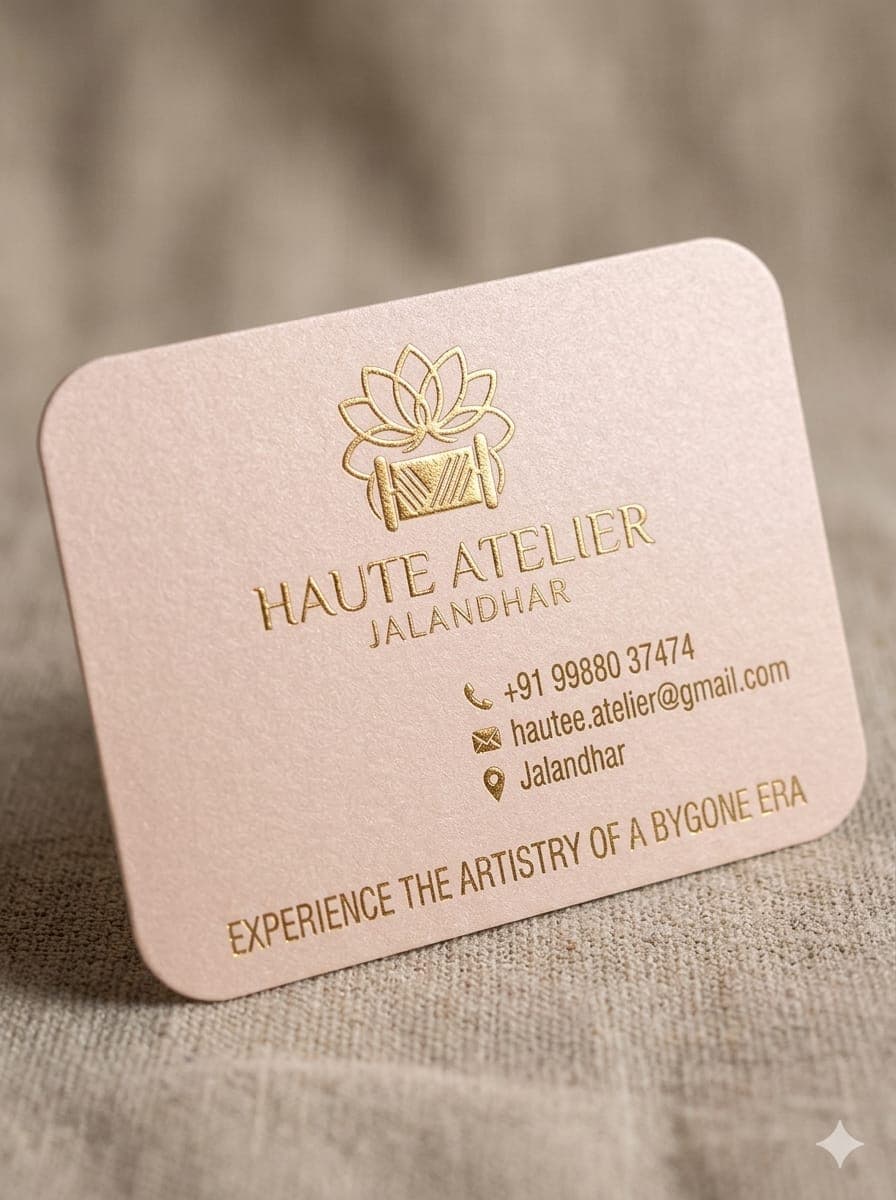 Haute Atelier's business card — the gold lotus and thread-spool mark foiled on blush card stock, with the same phone number and email as this page