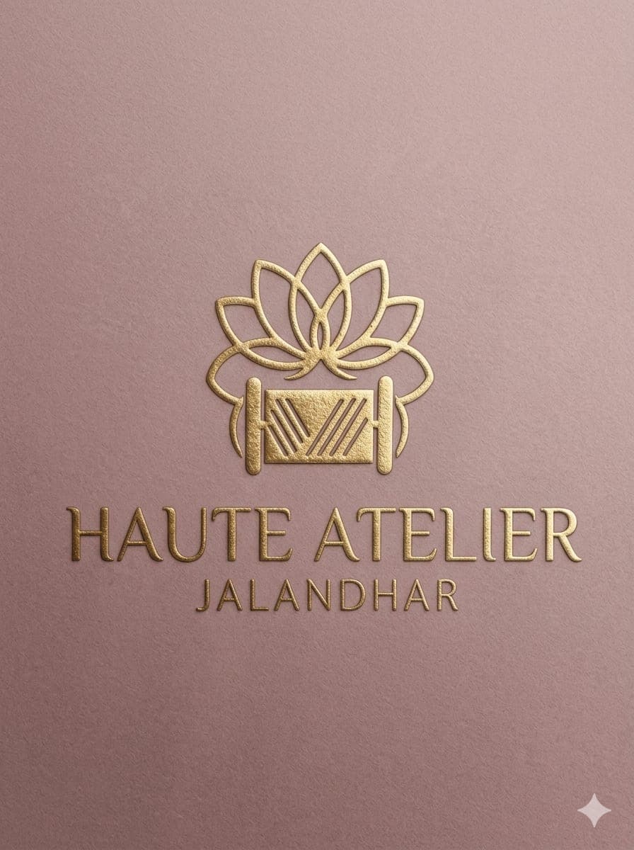 The Haute Atelier logo — a gold lotus resting on a thread spool, embossed on rose